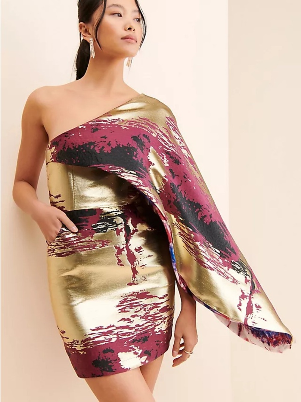 Anthropologie Kahindo One-Shoulder Metallic Gold and Burgundy Cocktail Dress
